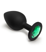 BQS - Sort Silikonbuttplug med Krystall - Mørk Grønn - Small